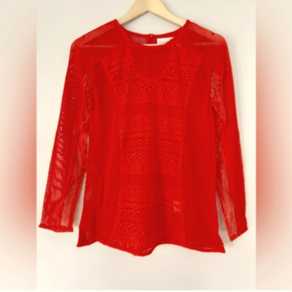 NWT Shakuhachi Vibrant Red Lace Mesh Long Sleeve Shirt Size Small